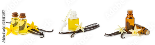 Obraz na płótnie Bottle of vanilla essential oil with vanilla flower isolated on white background. aromatic vanilla beans. Vanilla extract. Spa concept. Beauty and care w salonie