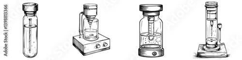 Scientific equipment displayed in a laboratory setting emphasizing glassware and apparatus used for experiments and research