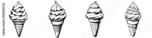 Different styles of soft serve ice cream cones on a white background for dessert lovers and food enthusiasts