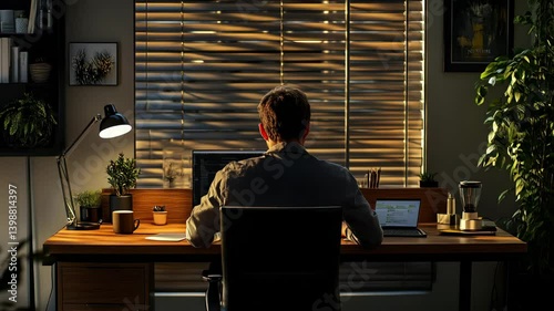 Person working late at a desk illuminated by a desk lamp, with plants and a computer in a cozy room