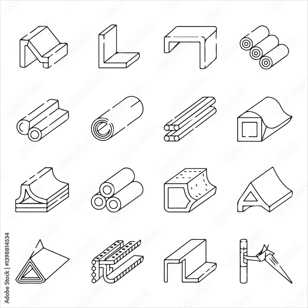 Set of metal components and pipes, outlined in vector art, suitable for construction, manufacturing, and technical drawings Set of metal components and pipes, outlined in vector art, suitable for construction, manufacturing, and technical drawings