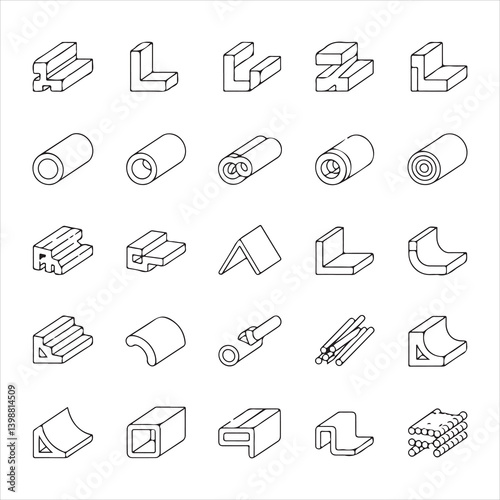 Steel components in vector form: pipes, corners, and angles, ideal for mechanical and architectural design illustrations