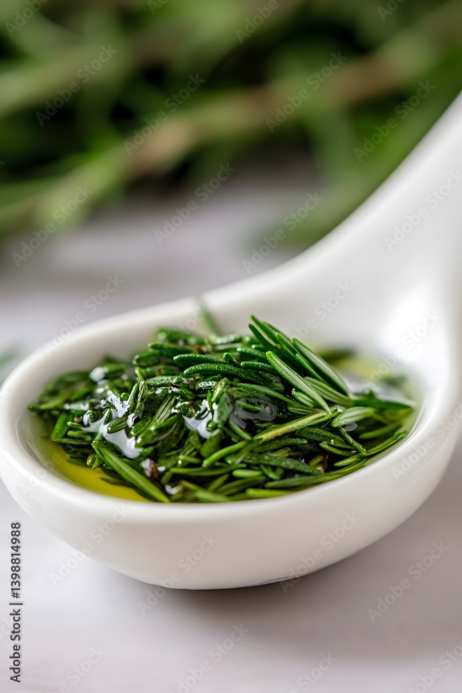 Fresh Rosemary Infused Olive Oil in White Spoon