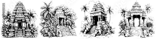 Exploring ancient temples surrounded by lush greenery and tropical plants in a serene jungle setting