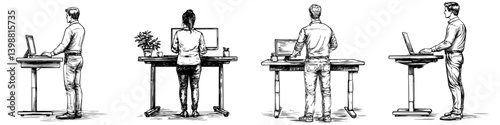 People using standing desks for work in an office environment during daytime