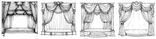 Elegant theatrical stage designs showcasing intricate drapery in a timeless style for performances and events