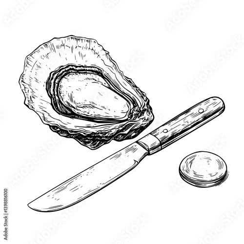 Oyster open with knife and shell resting on white background during culinary preparation at seafood restaurant