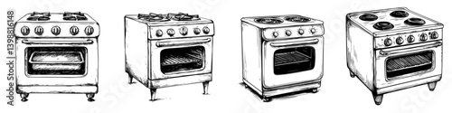 Various styles of vintage kitchen stoves showcasing different designs and features in a rustic setting