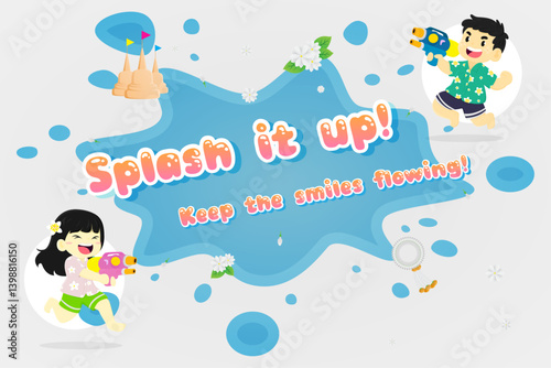 Songkran day festival poster happy funny children Character splash water  background cartoon illustration design