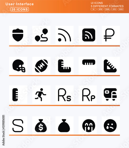 Set of 20 solid user interface icons, diagram, successor, icon, flat, vector, venn, dial, high, low, max, med