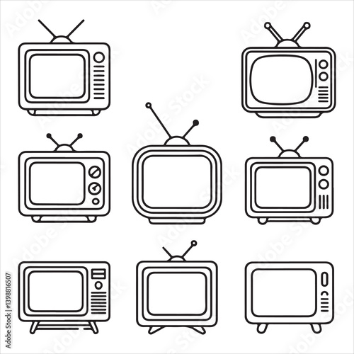 Icon set of vintage TVs with antennas, showcasing multiple old TV models in minimalist design
