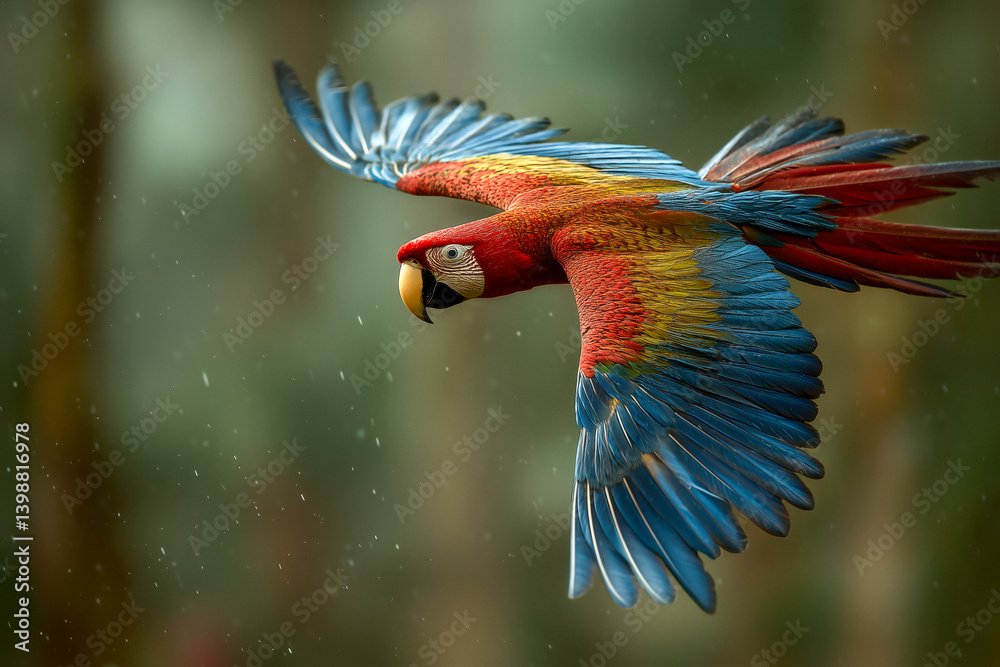 Scarlet macaw in flight with blurred green background.
