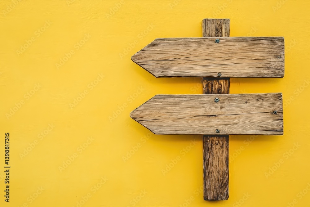 Naklejka premium Two wooden direction signs are mounted on a bright yellow surface