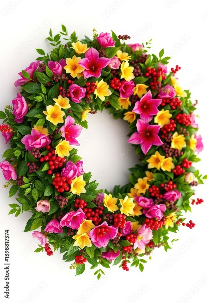 Lush green wreath overflowing with vibrant blooms and glistening berries, decoration, oak, stock photo Lush green wreath overflowing with vibrant blooms and glistening berries, decoration, oak, stock photo