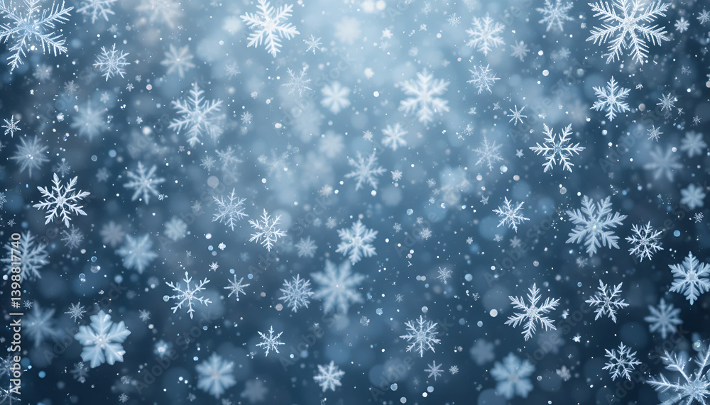 A serene and frosty scene of numerous delicate snowflakes falling against a soft, blurred blue background with subtle light. A serene and frosty scene of numerous delicate snowflakes falling against a soft, blurred blue background with subtle light.