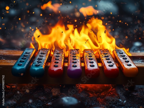 Toy Xylophone Ignites in Vibrant Fire Display in Outdoor Setting