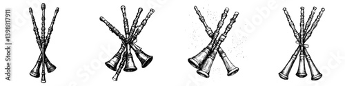 Decorative illustration of wooden wind instruments arranged artistically with intricate details