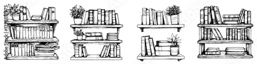 Detailed illustrations of wooden bookshelves filled with books and plants in a cozy indoor setting