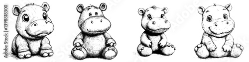 Four cute hippo cartoon characters sitting in various poses, showcasing playful expressions and distinct features in a fun art style