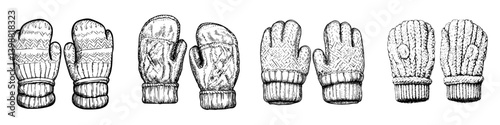 Various knitted mittens displayed on a white background showcasing unique designs and patterns