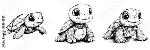 Sketch of three cute baby turtles showing distinct sizes and expressions in a playful arrangement at a bright setting