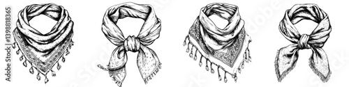 Different styles of scarves tied in unique knots displayed against a plain background for fashion inspiration