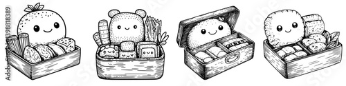 Deliciously illustrated bento boxes featuring cute characters and varied foods