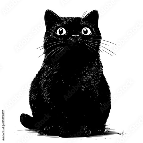 Black cat with large eyes sitting quietly, showcasing its curious demeanor in a minimalistic style