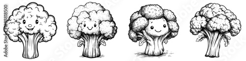 Cartoon representation of playful broccoli characters with different expressions in black and white