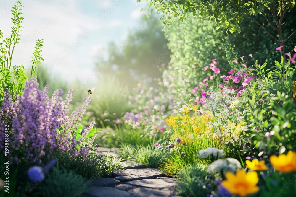 Naklejka premium Garden filled with organic herbs and flowers