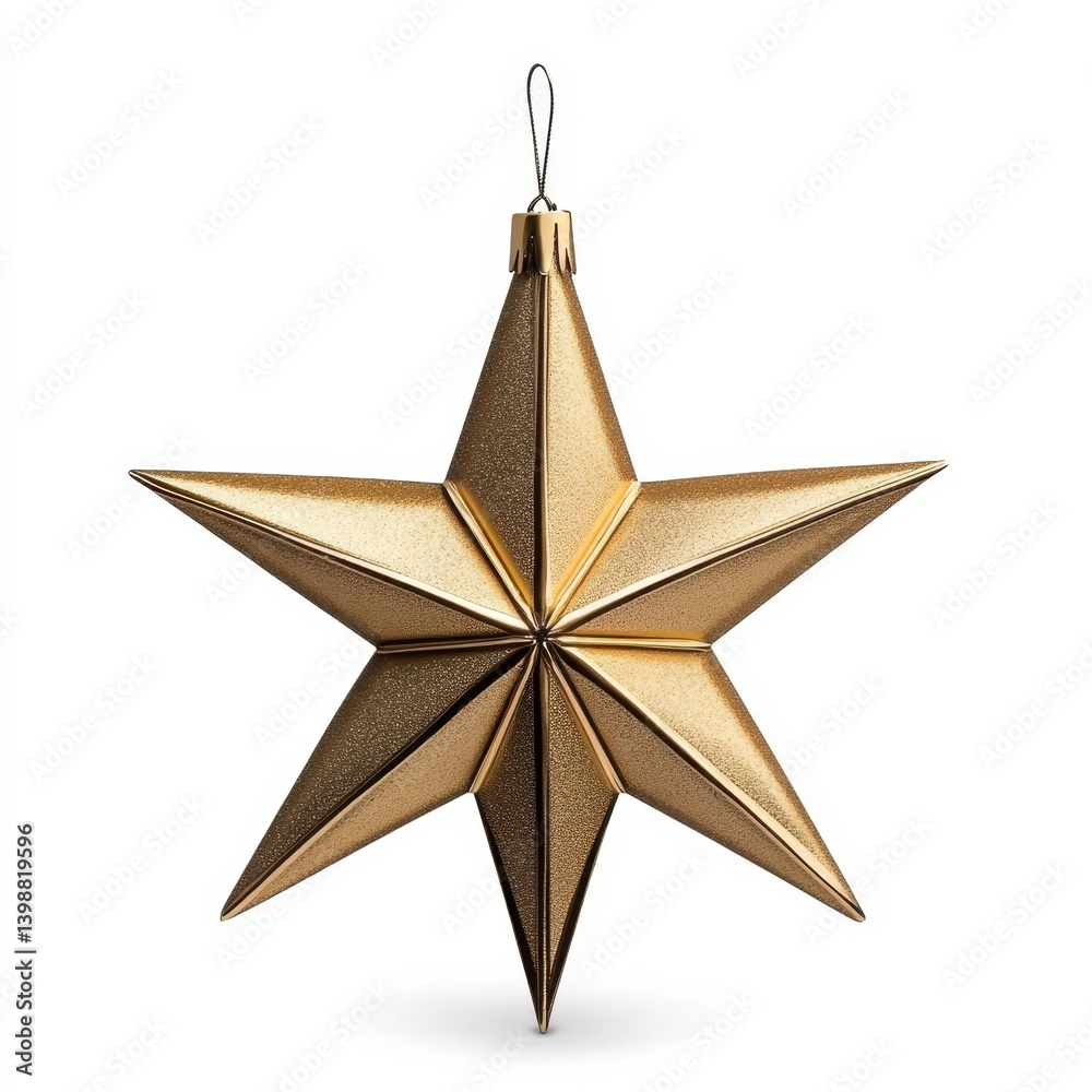 Golden christmas star ornament hanging on white background Golden christmas star ornament hanging on white background