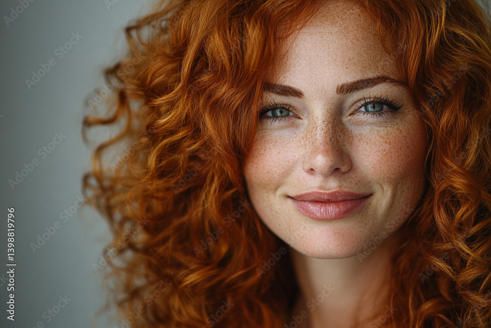 Portrait of a woman with curly red hair and freckles