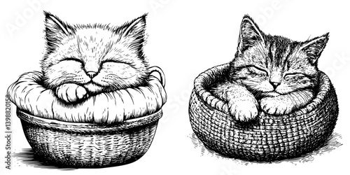 Two adorable cats peacefully sleeping in their cozy woven baskets in a warm indoor setting