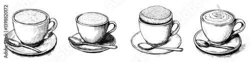 Various coffee cups displayed with different textures and toppings in a minimalist setting