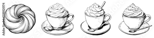Drawings of pastries and desserts with whipped cream served in cups on saucers