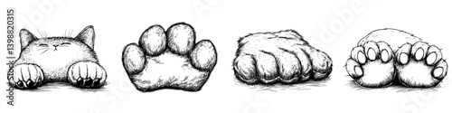 Detailed illustration showing various cat paw prints in different styles and textures during daytime