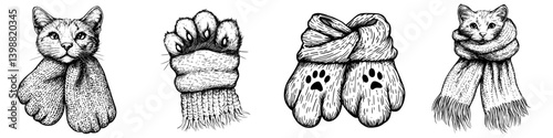 Creative illustrations of cats wearing scarves and mittens showcasing a cozy winter theme