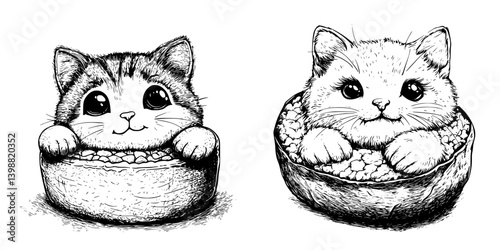 Cute cats sitting in bowls filled with popcorn during a playful afternoon at home