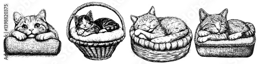 Four adorable cats peacefully sleeping in cozy baskets indoors during a quiet afternoon