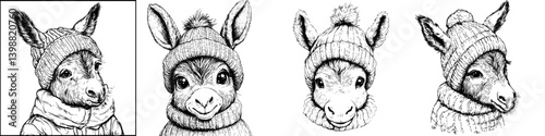 Cute animal illustrations featuring goats in winter hats and sweaters, showcasing different expressions and styles