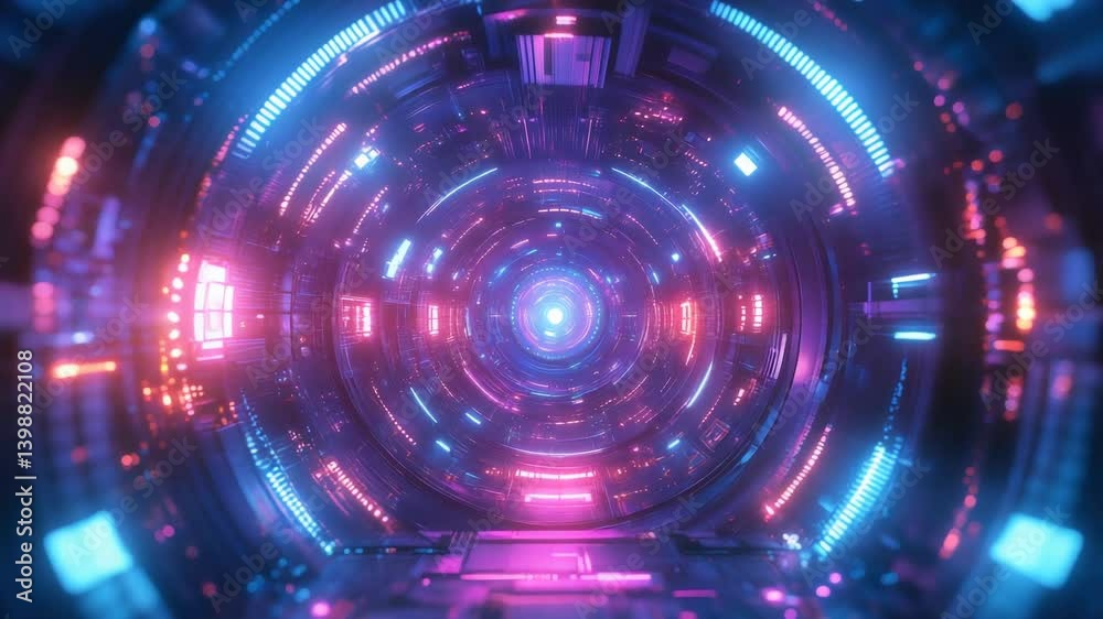 Glowing neon lights illuminating futuristic tunnel leading to bright energy source, creating vibrant and dynamic scene Glowing neon lights illuminating futuristic tunnel leading to bright energy source, creating vibrant and dynamic scene