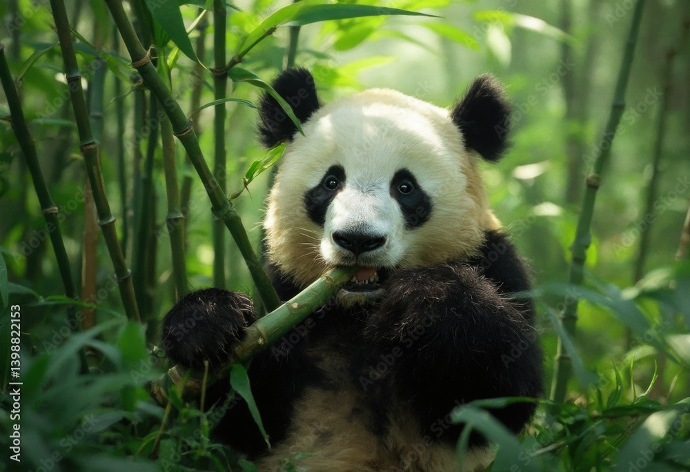 Fototapeta premium A panda eating bamboo in a forest with sunlight and vibrant colors