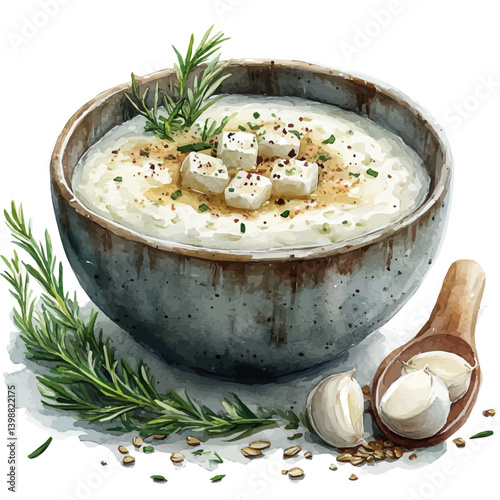 illustration of Savory Oatmeal, watercolor vector, isolated on a white background.