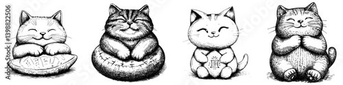 Cute cats with happy expressions sitting in various poses, showcasing joy and contentment in a whimsical style