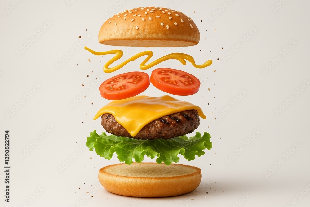 Deconstructed burger with floating ingredients bun, cheese, patty, lettuce, tomato, mustard