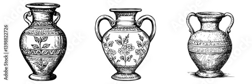 Engravings of ancient pottery showcasing unique designs and craftsmanship from historical cultures
