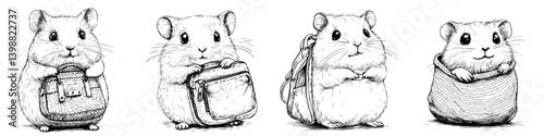 Small hamsters preparing for an adventure with backpacks and bags in a playful setting