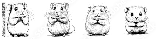 Four adorable hamsters displaying different poses and expressions in a playful arrangement
