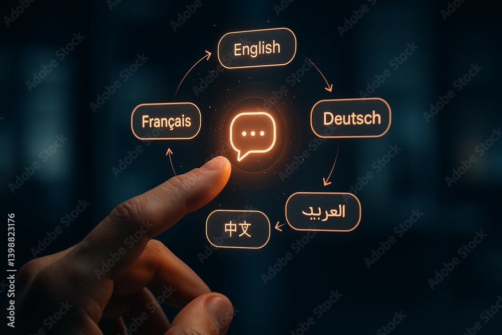 Zoomed hand interacting with multilingual digital interface featuring english french deutsch arabic chinese