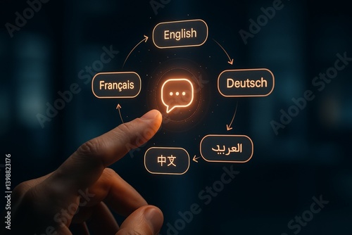 Obraz na płótnie Zoomed hand interacting with multilingual digital interface featuring english french deutsch arabic chinese w salonie